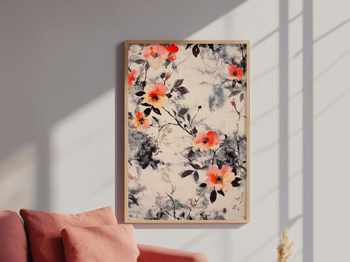 California Poppy Blossom Pattern Vintage Floral Farmhouse Art Print