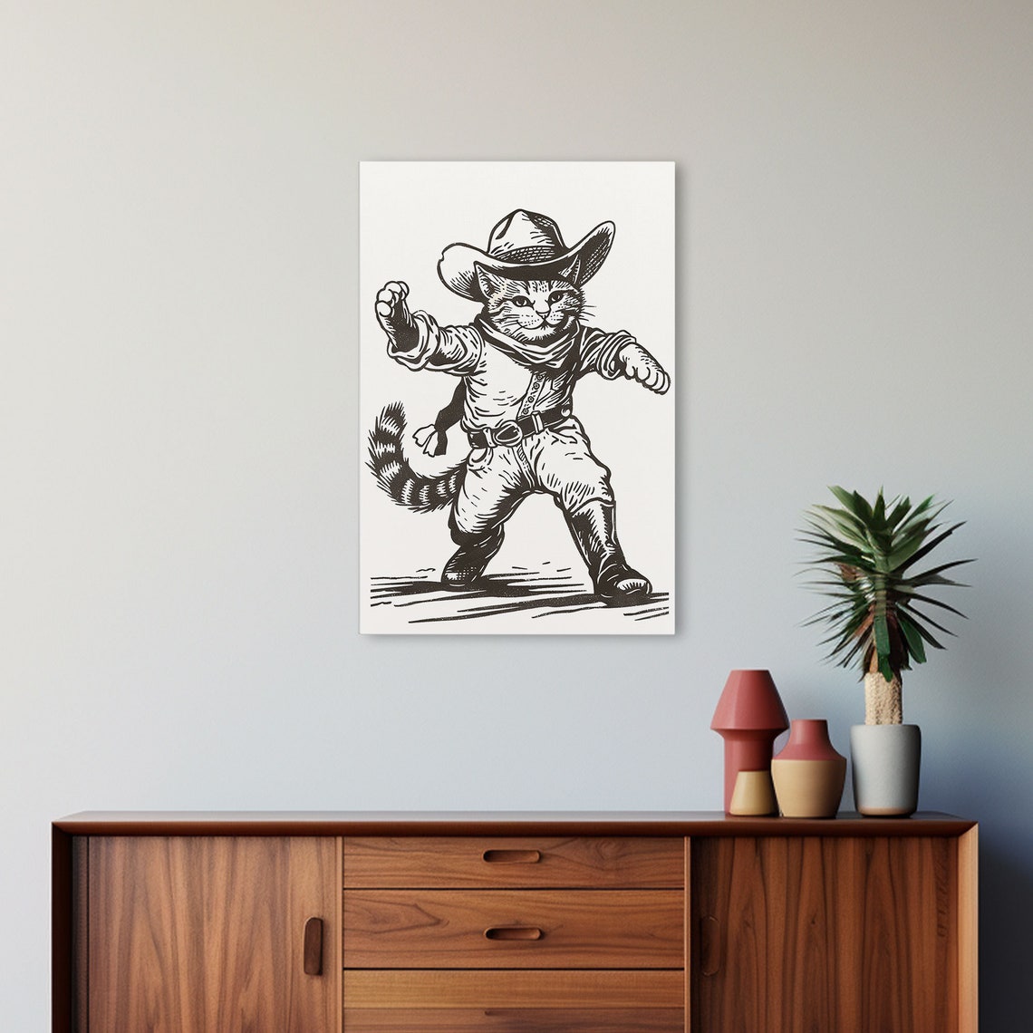 Cowboy Cat Fighter Stance Vintage Sketch Western Kitty Wall Poster - Image 5