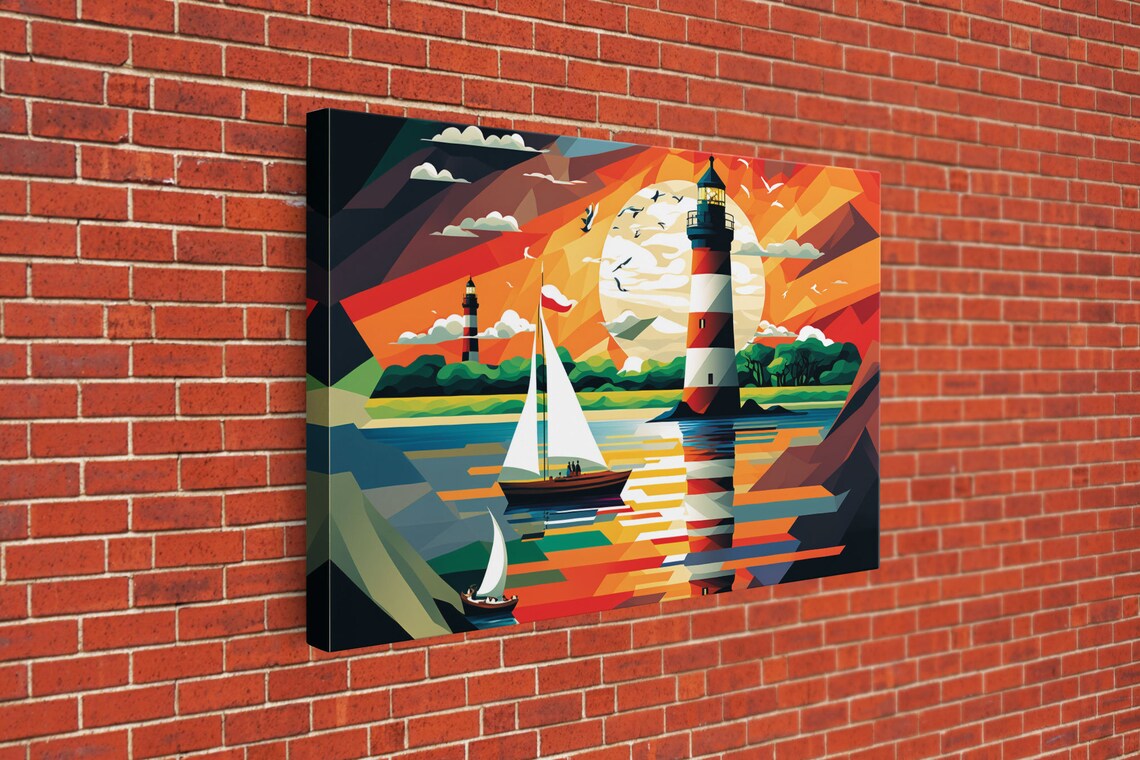 Colorful Sailboat Lighthouse Sunset Geometric Pop Nautical Art Poster - Image 3