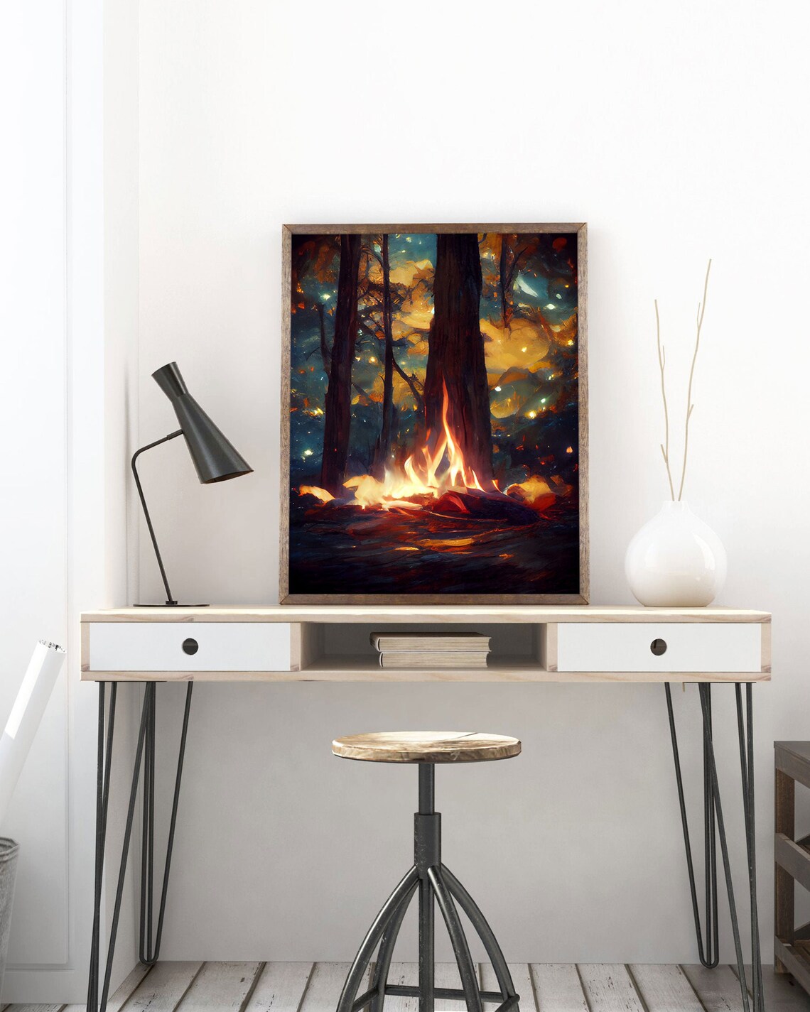 Night Stars Campfire in Woods, Tree Landscape Art Print
