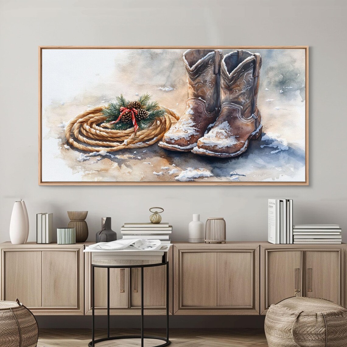 Rustic Cowboy Boots Snow Rope Pinecones Red Ribbon Christmas Poster - Image 4