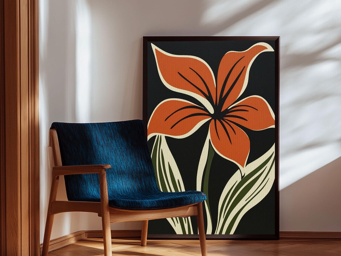 Orange Flower On Black Background, MCM Style Art Print - Image 2