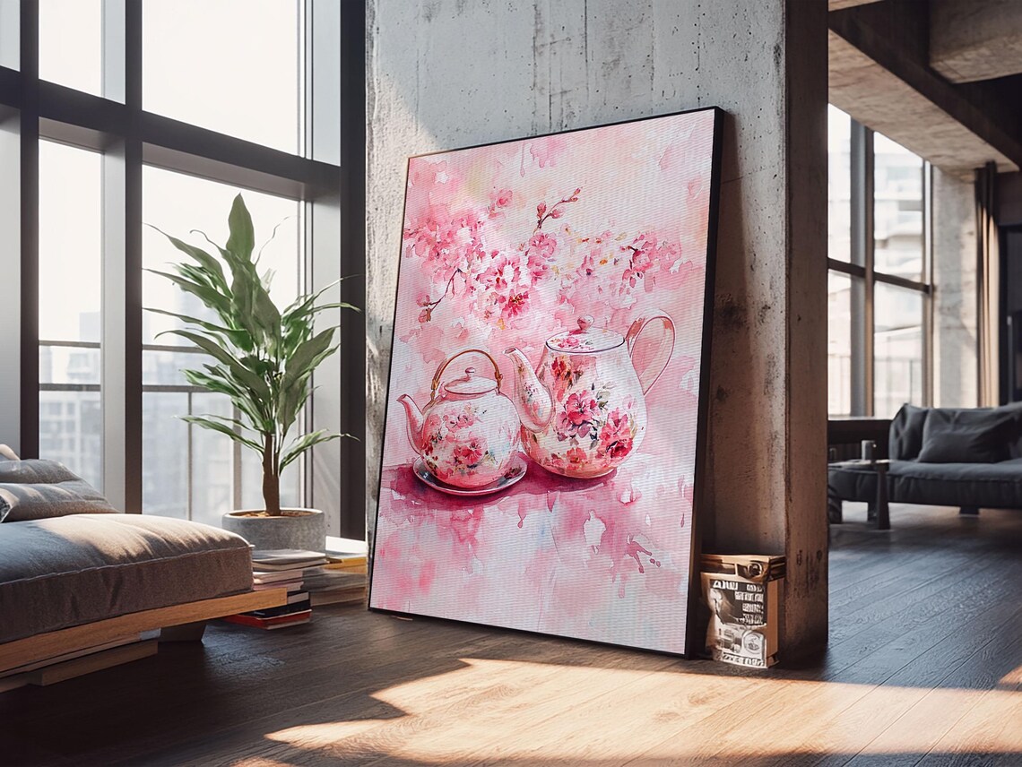 Floral Teapots Cherry Blossom Pink Watercolor Kitchen Art Print - Image 5