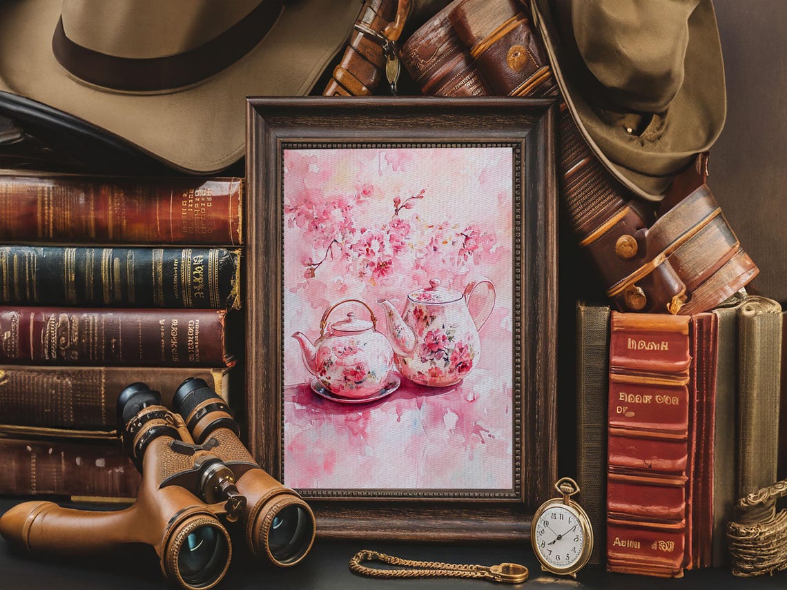 Floral Teapots Cherry Blossom Pink Watercolor Kitchen Art Print - Image 2