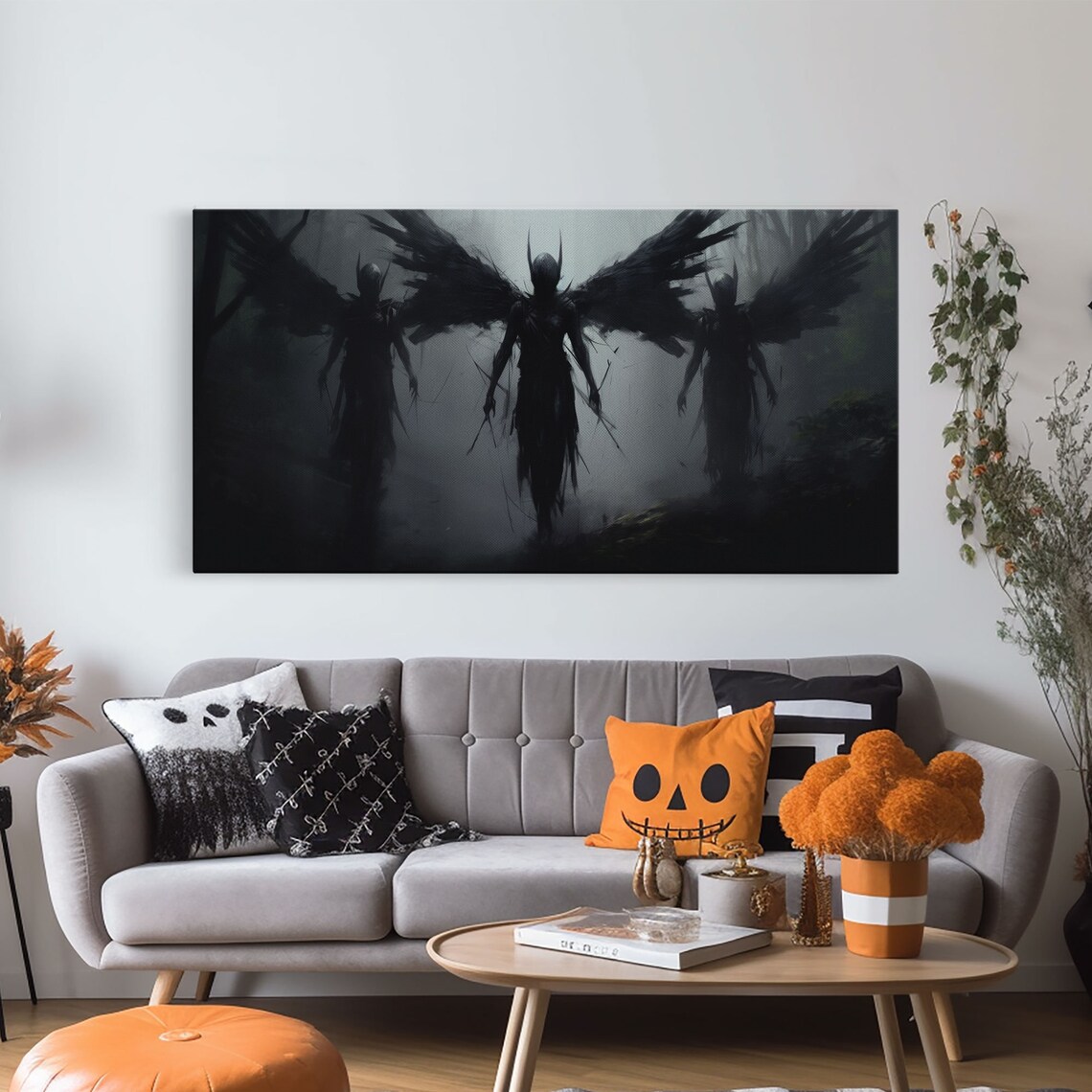 Fallen Angels Halloween Art Print, Charcoal Sketch