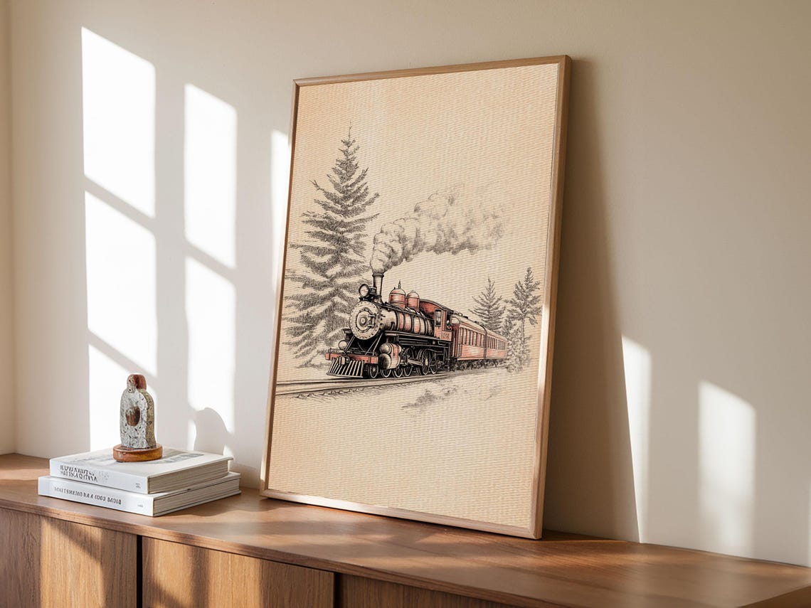 Vintage Steam Train Christmas Sketch Locomotive Pine Trees Art Poster - Image 3