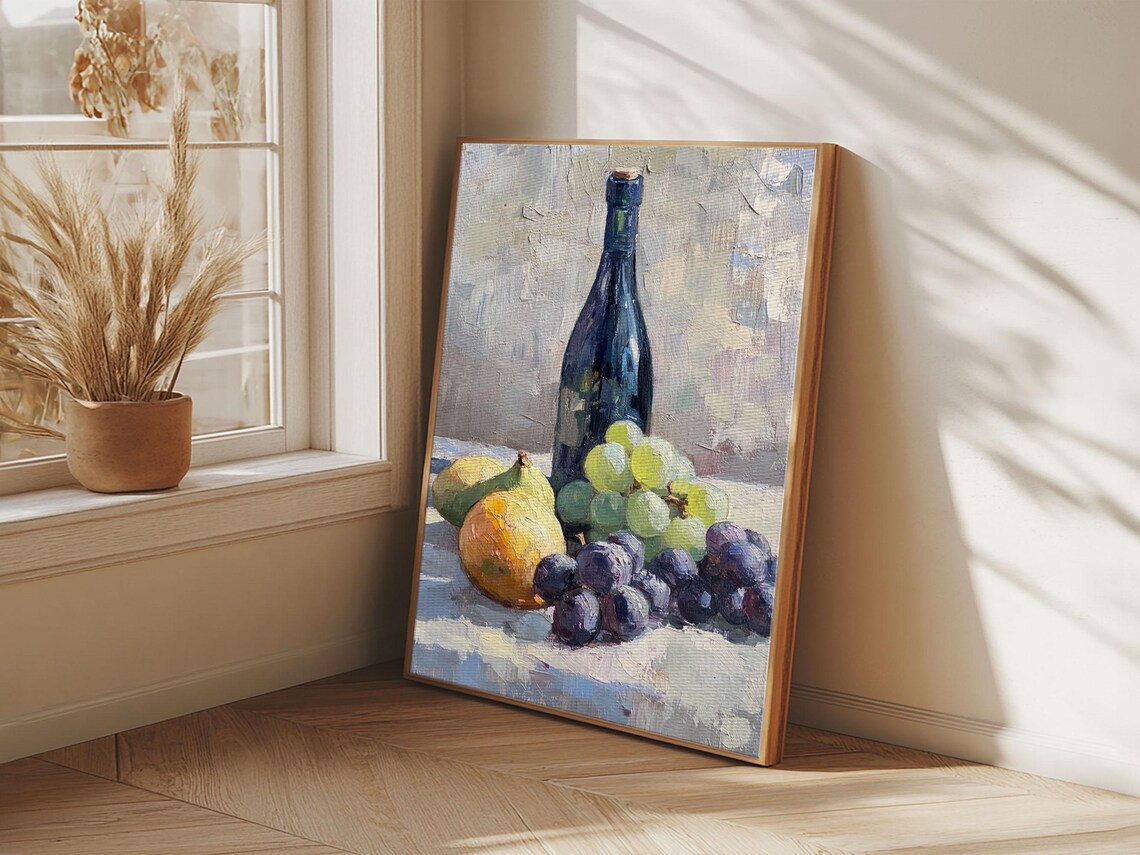 Wine Bottle Pears And Grapes Classic Still Life Oil Painting Poster - Image 4