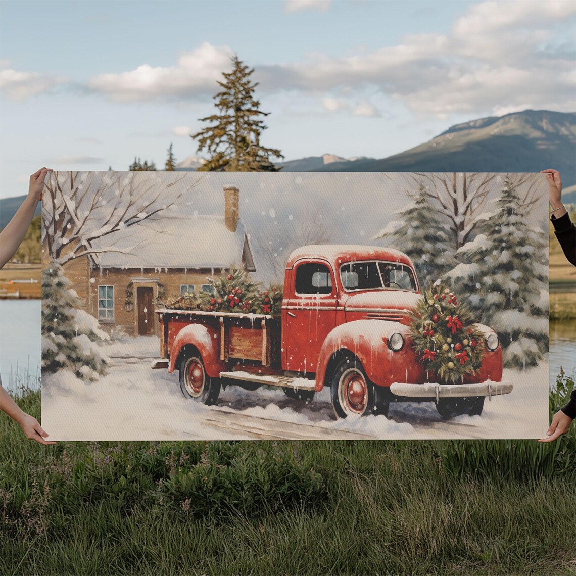 Vintage Red Truck With Wreath Hauling Tree In Snow Farmhouse Poster
