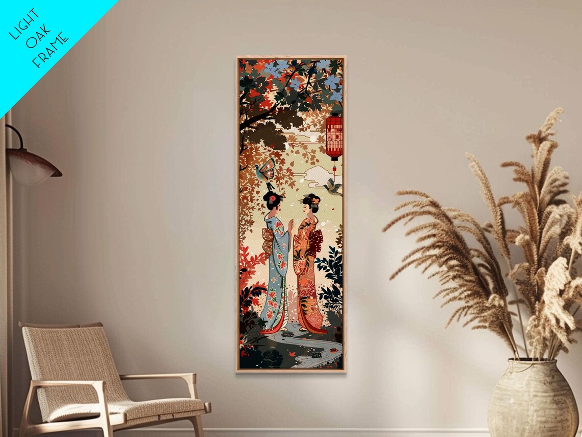 Japanese Geisha Kimono Women Autumn Maple Tree Lanterns Art Poster - Image 2