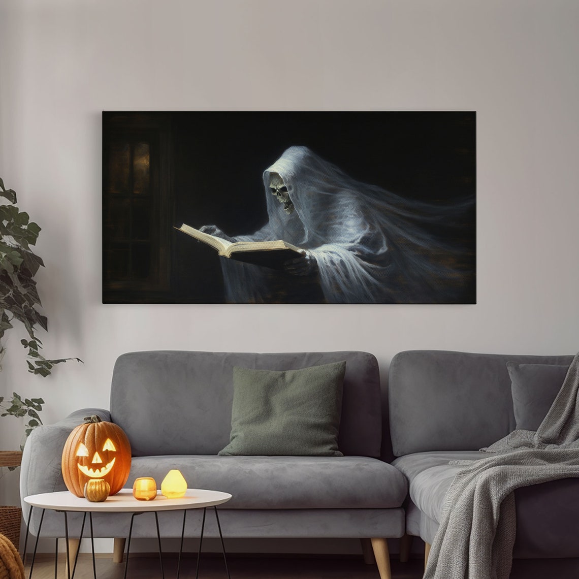 Reading Ghost Skeletal Figure With Book Moody Panoramic Wall Art - Image 4