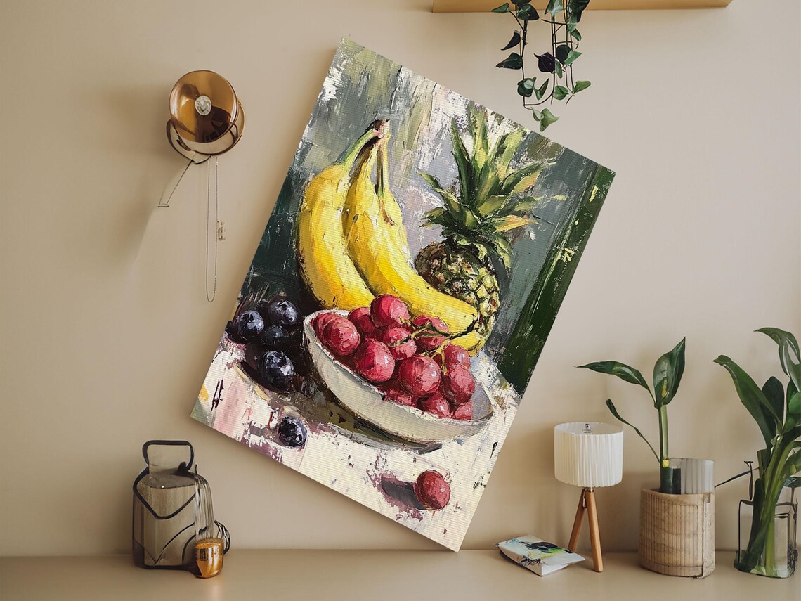 Banana Pineapple Cherries Fruit Bowl Still Life Oil Painting Poster - Image 2