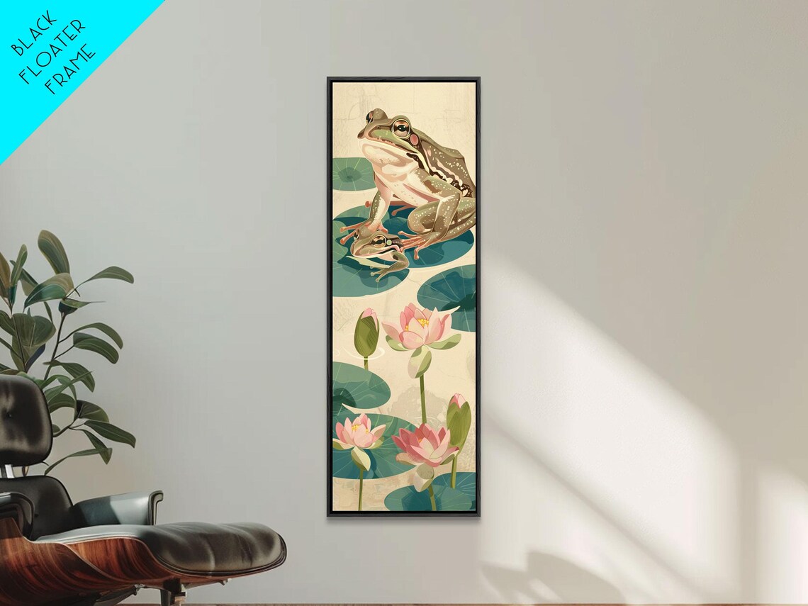 Green Frog Lily Pads Pink Lotus Flowers Pond Ukiyo E Art Poster - Image 2