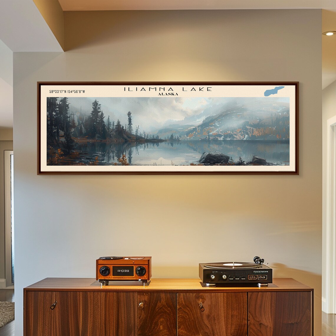 Iliamna Lake Alaska Misty Pine Shore Snowy Peaks Travel Poster - Image 4