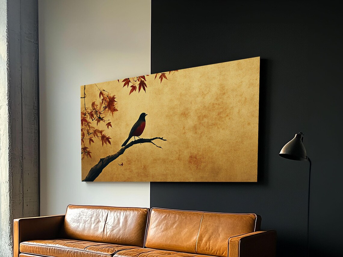 Autumn Maple Songbird Oil Painting Golden Fall Leaves Vintage Print - Image 2