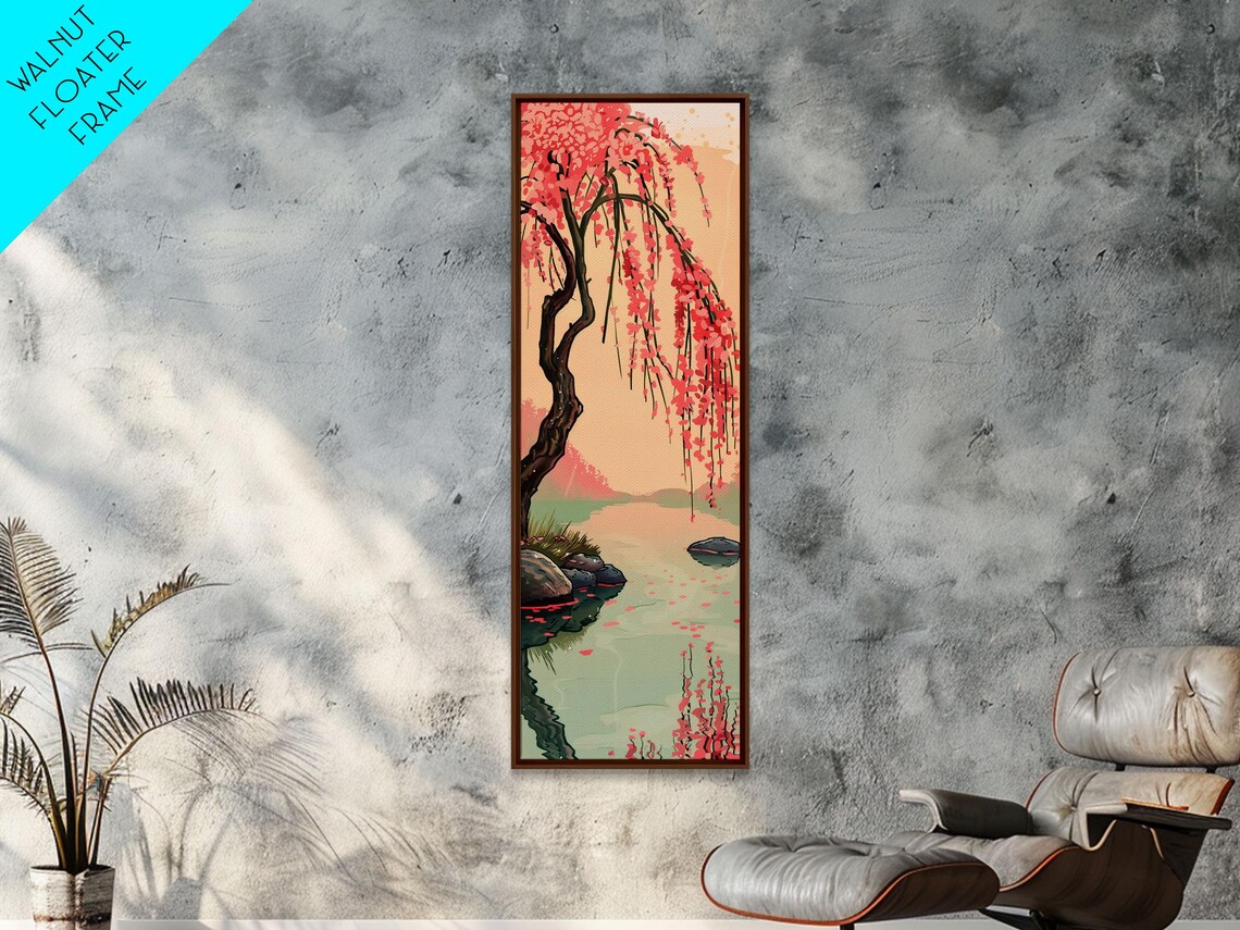 Serene Weeping Cherry Tree With Gentle Reflections In Water Skinny Art Japanese Wall Decor Framed Print Ukiyo E Style - Image 2