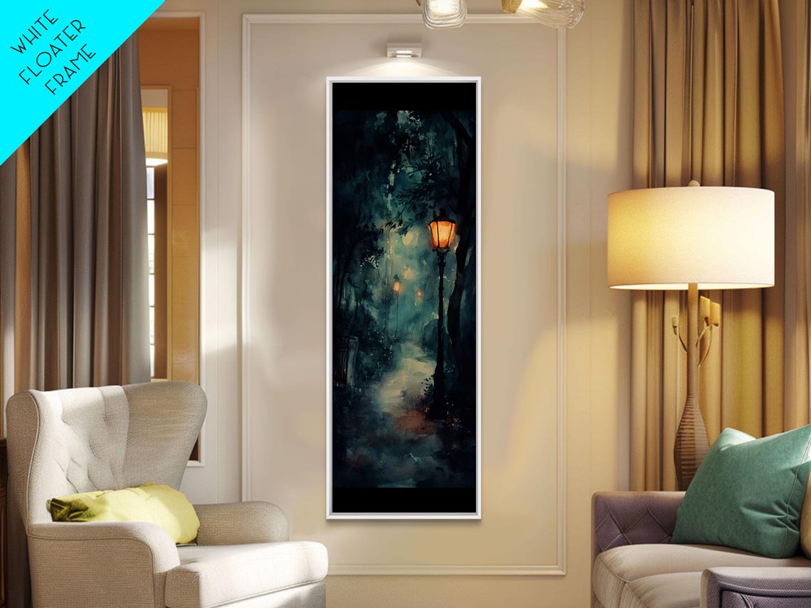 Moody Twilight Forest Walkway Glowing Lampposts Dark Art Wall Poster - Image 3