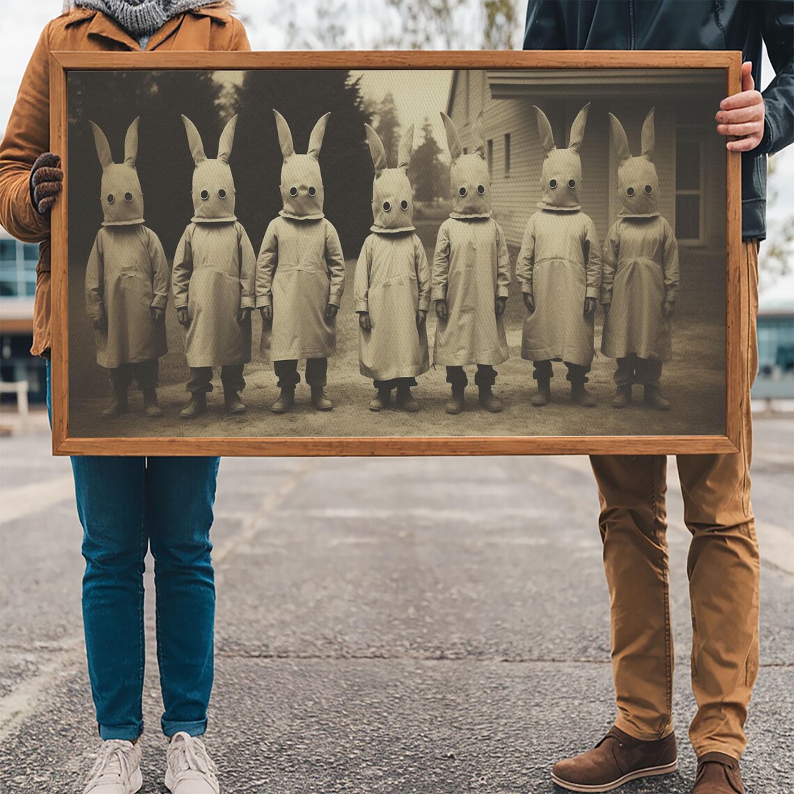 Seven Children In Bunny Masks Vintage Sepia Photo Creepy Art Print - Image 3