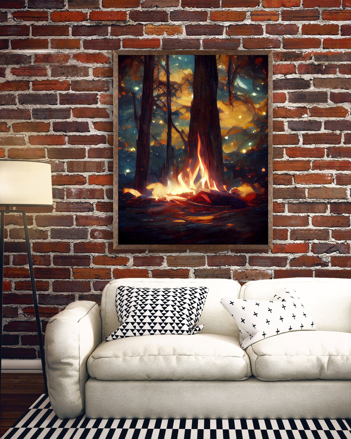 Night Stars Campfire in Woods, Tree Landscape Art Print - Image 4