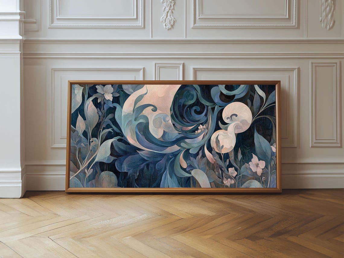 Moody Blue Art Nouveau Floral Moonlit Botanical Dark Wall Poster - Image 5