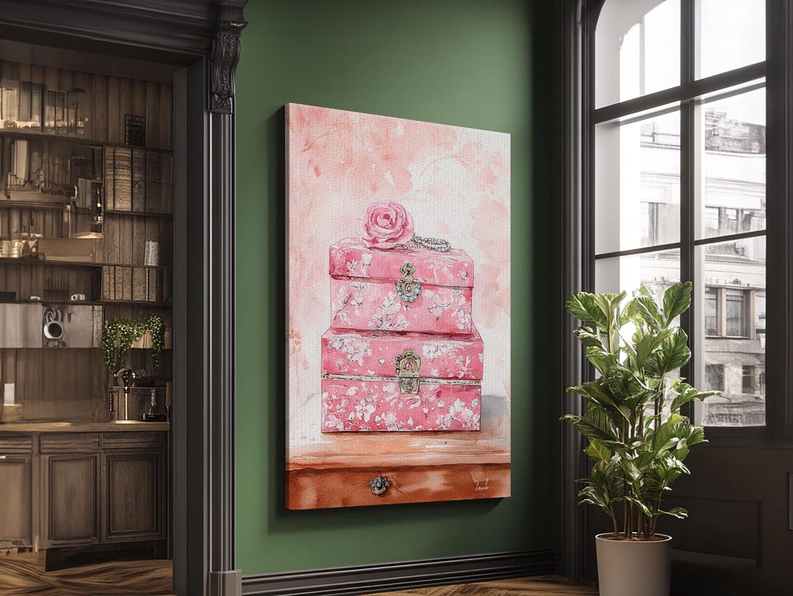 Pink Floral Jewelry Boxes Watercolor Vanity Bedroom Art Print - Image 2