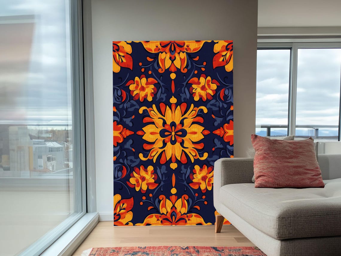 Mexican Talavera Tile Floral Pattern Bold Orange Navy Art Print - Image 6