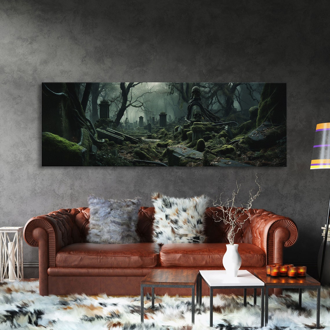 Spooky Overgrown Mossy Cemetery Foggy Forest Panoramic Poster - Image 3
