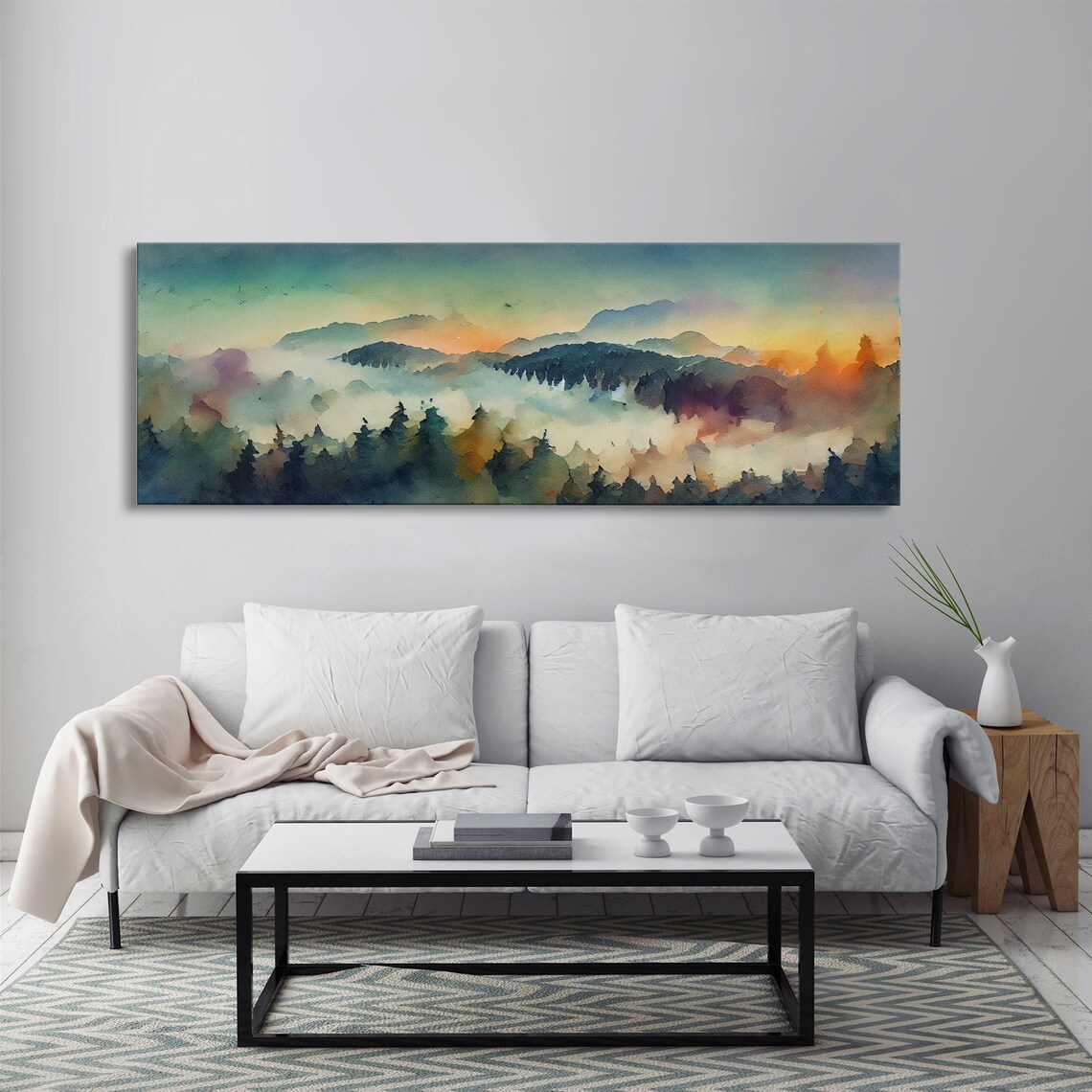 Watercolor Sunset Landscape, Panoramic Art Print