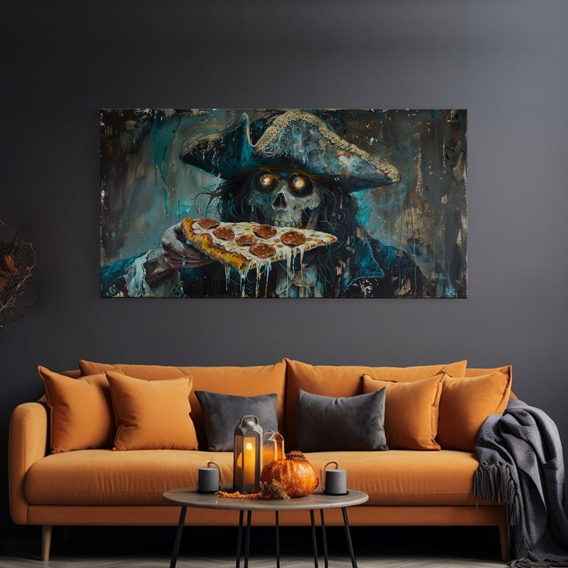 Ghost Pirate Eating Pepperoni Pizza Funny Spooky Halloween Art Print - Image 3