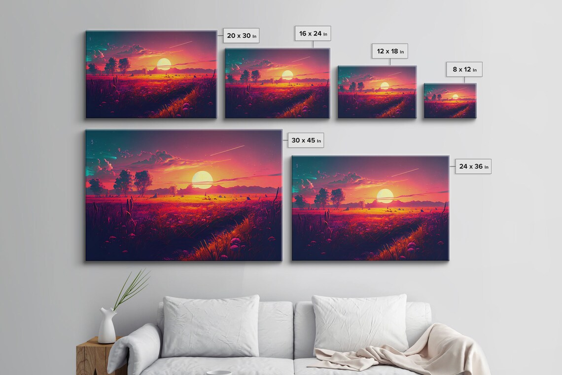 Watercolor Sunset Over Flower Field, Art Print - Image 2
