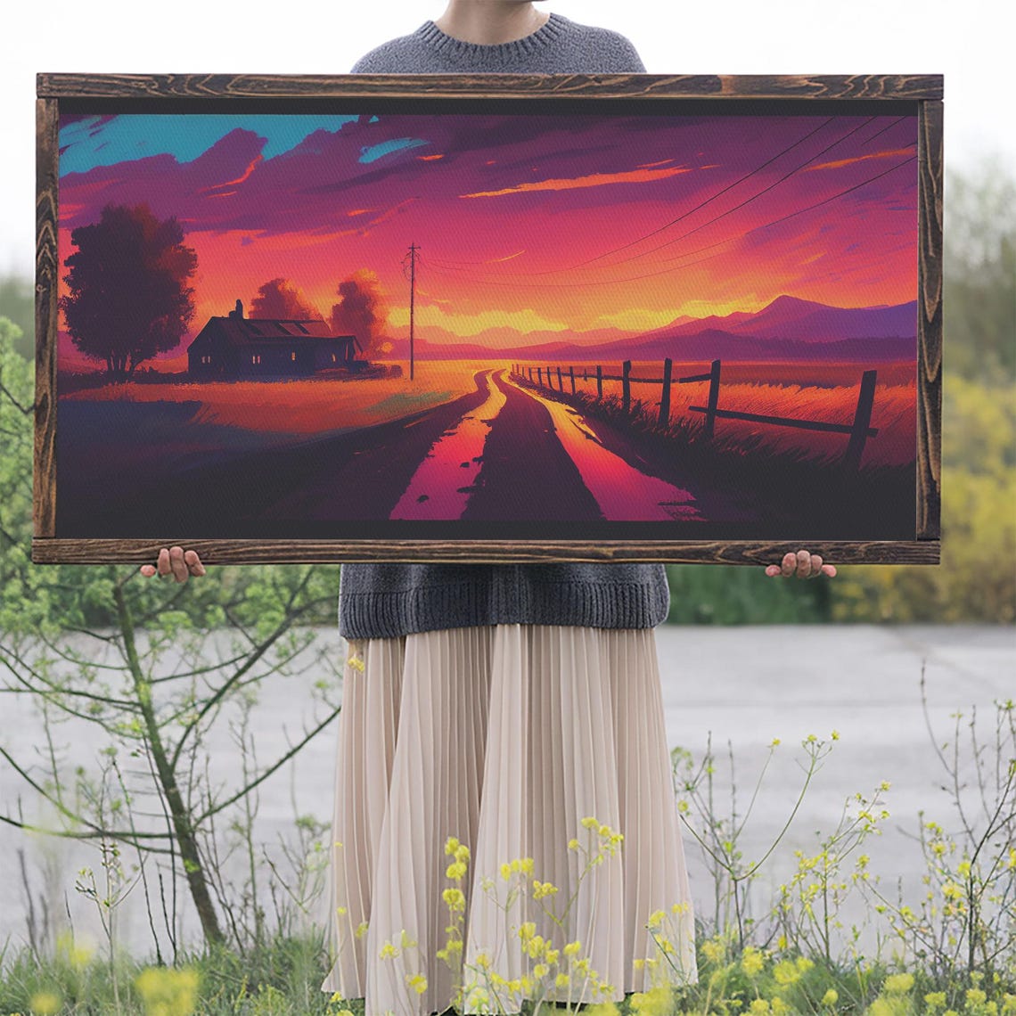 Synthwave Farmhouse Sunset Dirt Road Neon Purple Orange Sky Wall Art - Image 2