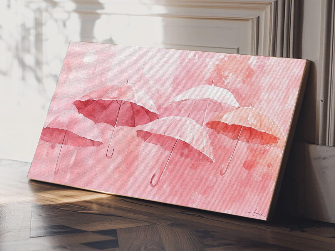 Pink Umbrellas Wide Horizontal Watercolor Rainy Day Whimsical Decor Poster