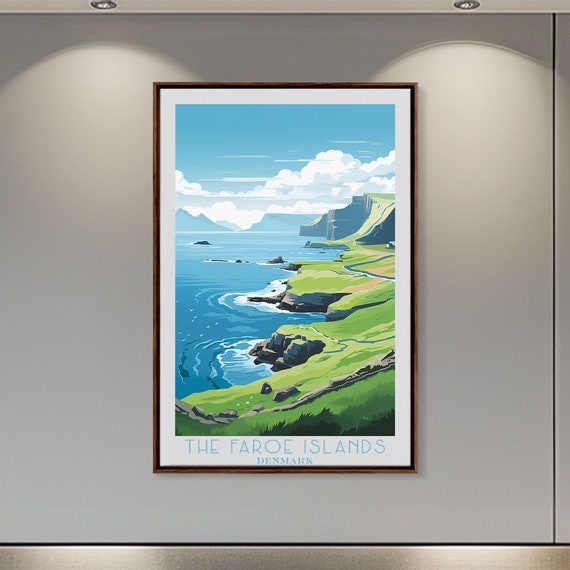 Faroe Islands Travel Art Framed Print Denmark Home Decor Travel Poster Vintage Wall Art Original Watercolor Painting