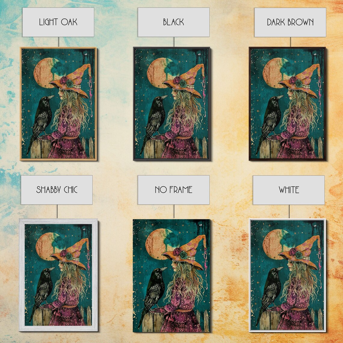 Witch With Crow Under Full Moon Teal Starry Night Magic Illustration Poster - Image 3