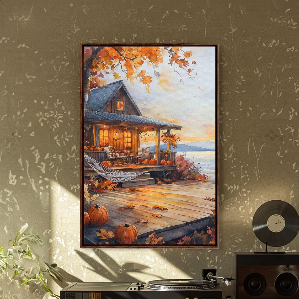 Cozy Autumn Cabin Porch With Pumpkins Hammock Lake View Poster - Image 2