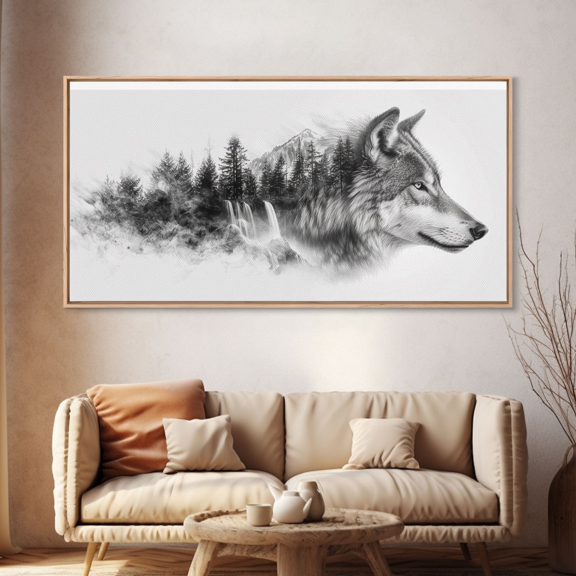 Wild Gray Wolf Head Pine Forest Waterfall Double Exposure Poster - Image 4