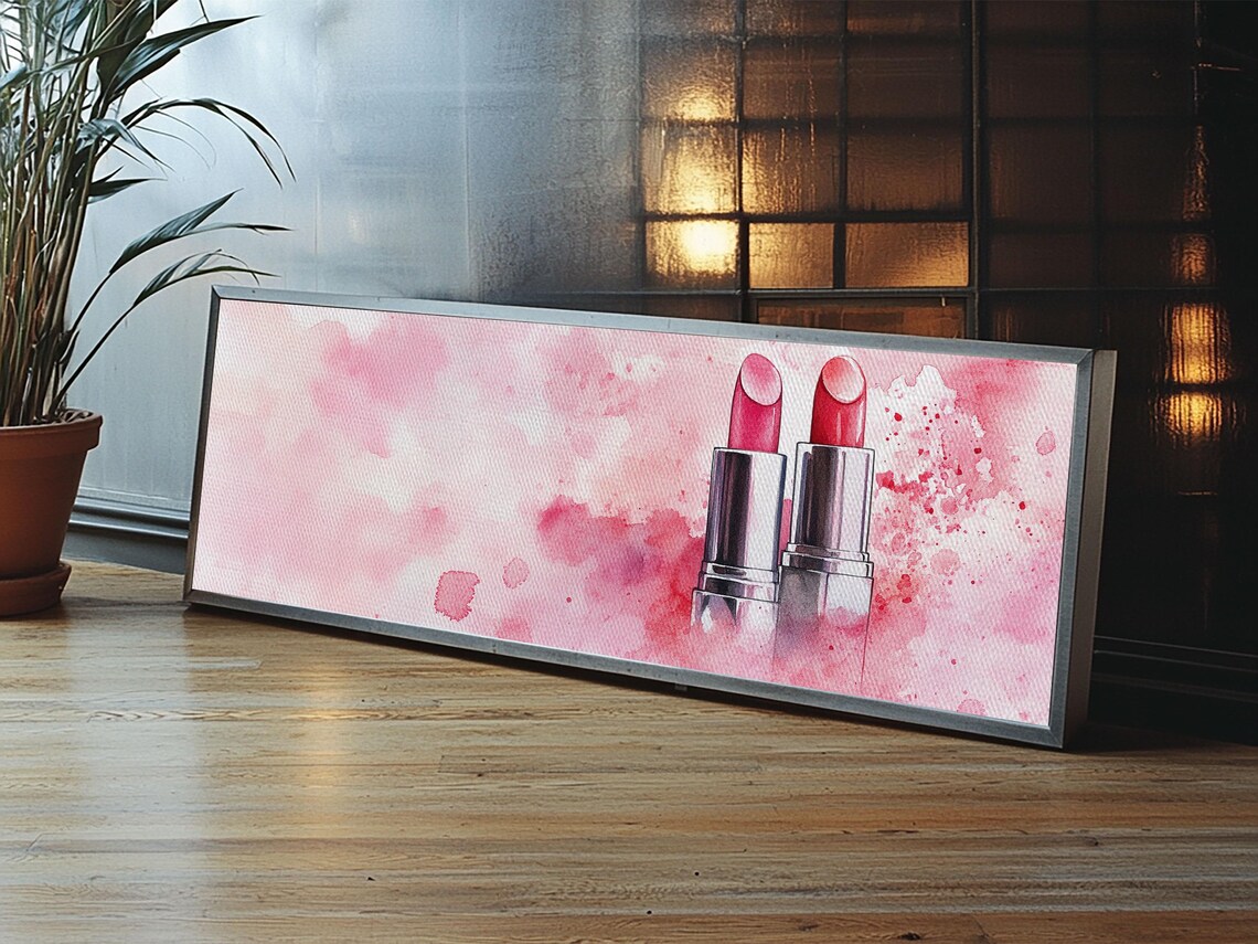 Pink Lipstick Duo Silver Tubes Watercolor Beauty Still Life Panoramic Art Poster - Image 5