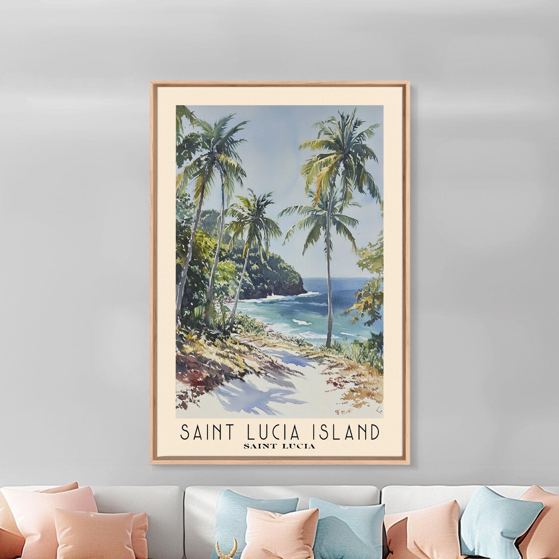 Saint Lucia Island Palm Cove Tropical Beach Watercolor Travel Poster - Image 2
