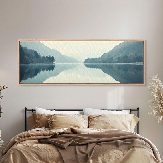 Reflections On An Overcast Day Framed Print Moody Decor Foggy Landscape Painting Panoramic Wall Art