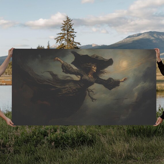 Witch Flying Through Storm Clouds Night Sky Dramatic Magic Art Poster