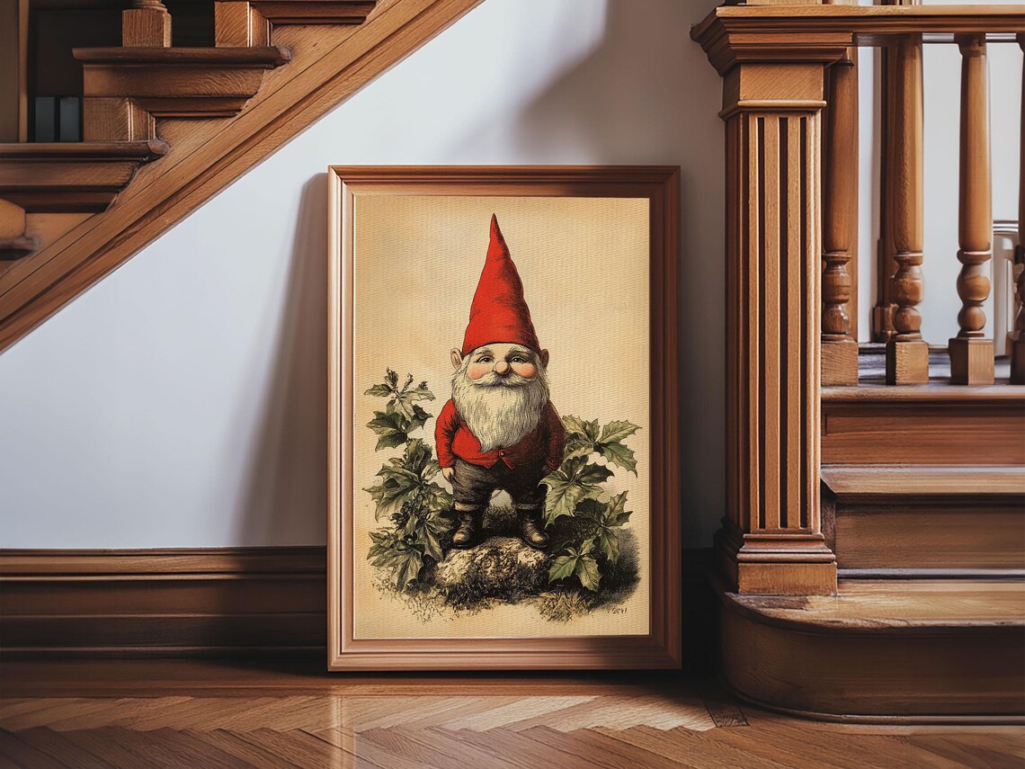 Vintage Garden Gnome Red Hat Botanical Illustration Wall Art Poster - Image 2