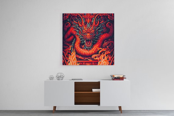 Crimson Chinese Dragon Head Fire Flames Oriental Fantasy Poster