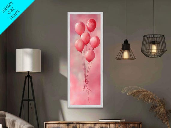 Pink Balloon Minimalist Art Framed Print Cottagecore Vertical Wall Art Light Pink Rustic Bedroom Decor Whimsical Gift Idea