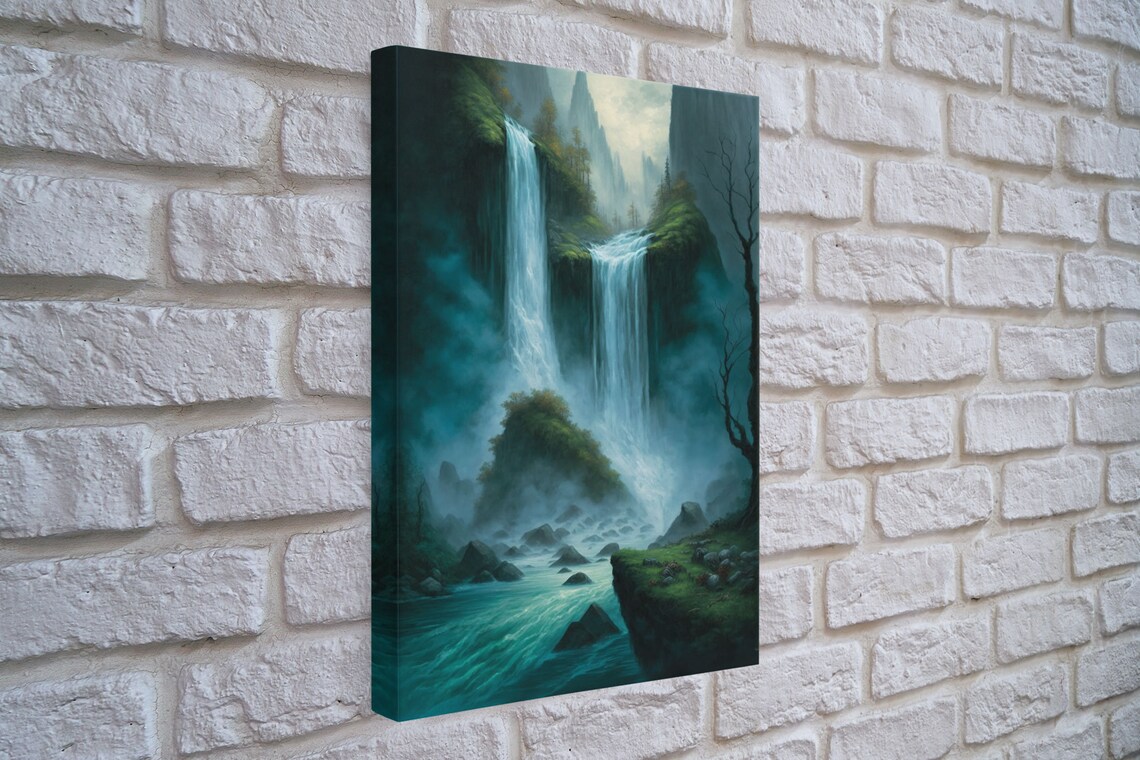 Fantasy Waterfall Oil Painting Art Print, Living Room Decor - Image 4