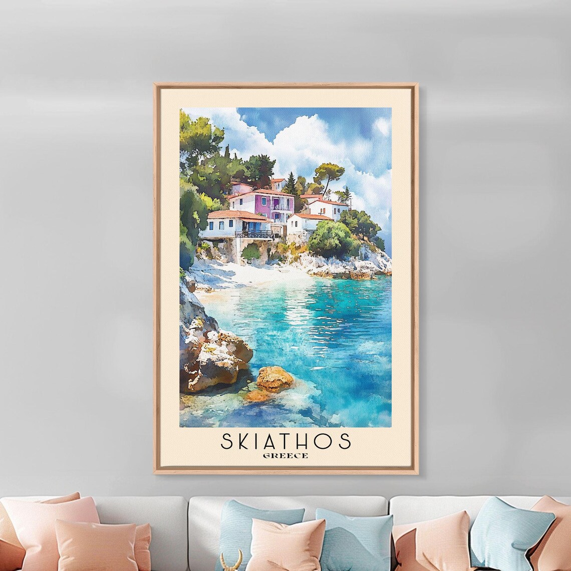 Skiathos Greece Colorful Hillside Village Turquoise Cove Watercolor Poster - Image 2