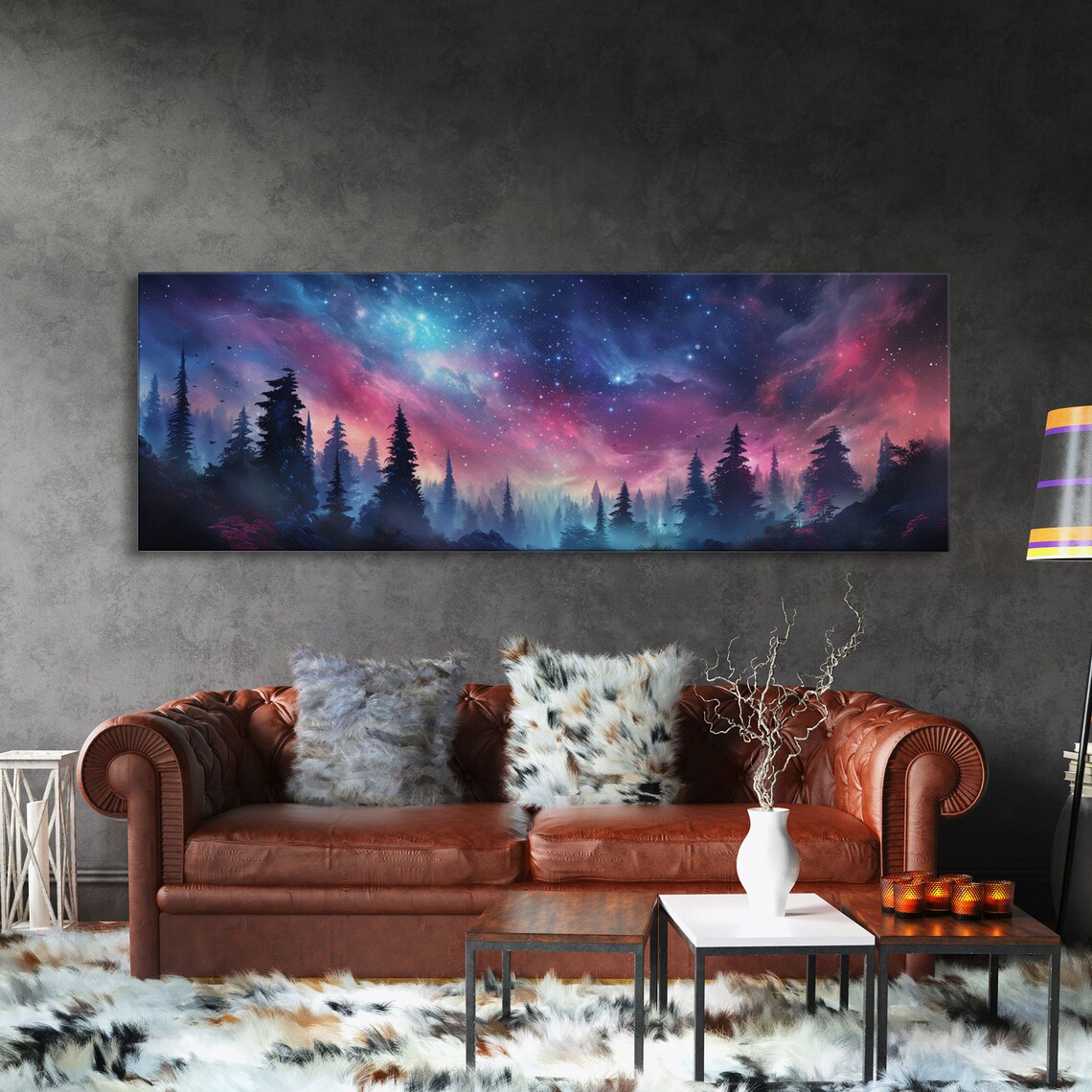 Starry Galaxy Night Over Pine Forest Cosmic Nebula Sky Panoramic Poster - Image 3