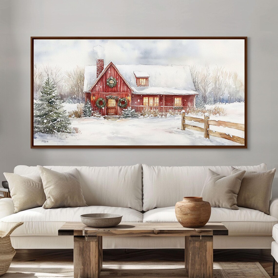 Snowy Red Farmhouse With Wreaths, Holiday Lights Art Print - Image 2