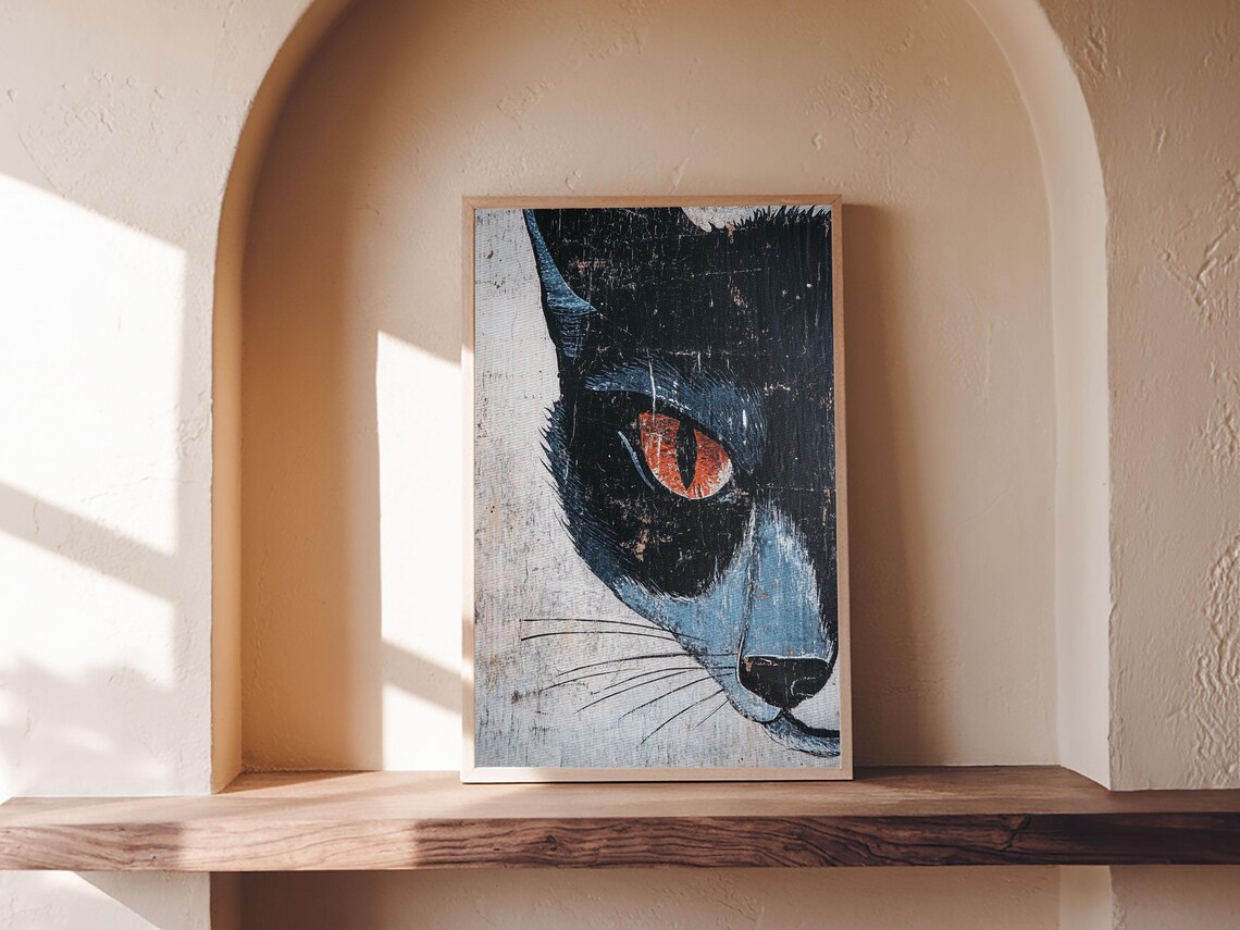 Black Cat Closeup Portrait Orange Eye Vintage Distressed Wabi Sabi Poster - Image 4