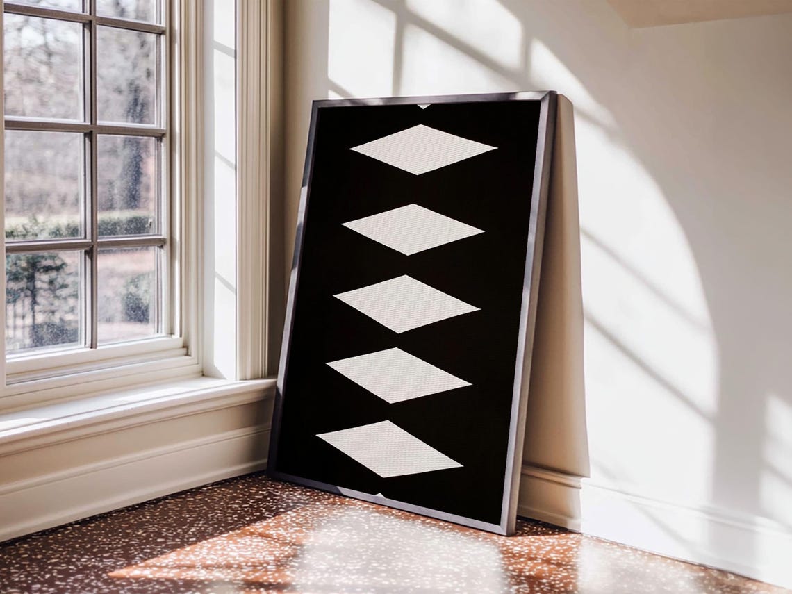White Diamonds Black Background Southwestern Aztec Geometric Art Print - Image 3