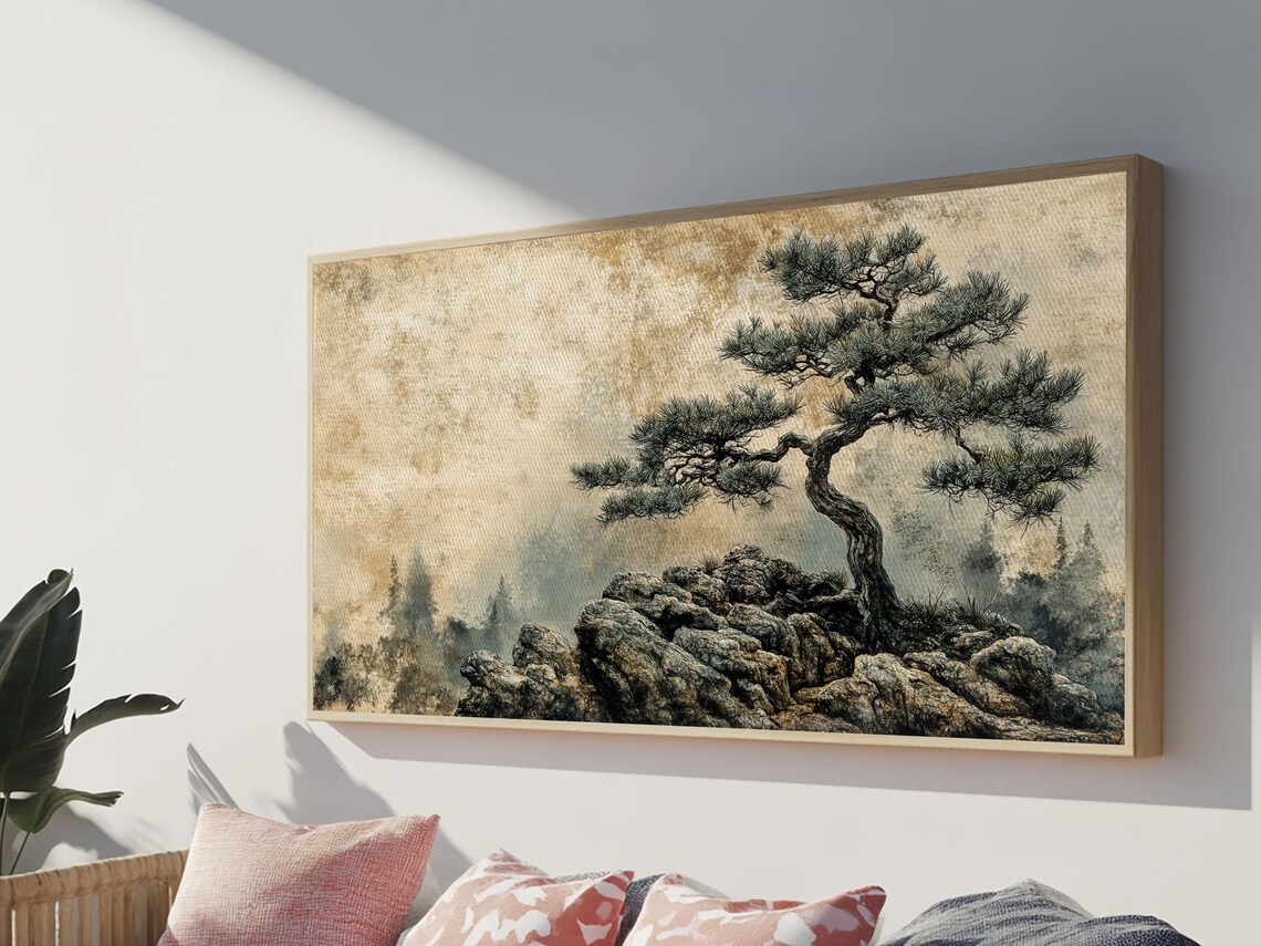 Pine Tree on Rocks, Rustic Zen Landscape Art Print - Image 2