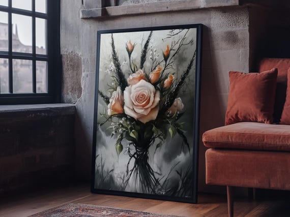 Gothic Pink Roses Print Dark Cottagecore Wall Art Cottage Decor Rustic Farmhouse Modern Farmhouse Wall Art Dark Academia Art